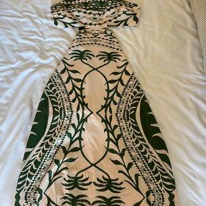 Strapless Green & Cream Printed Maxi Dress